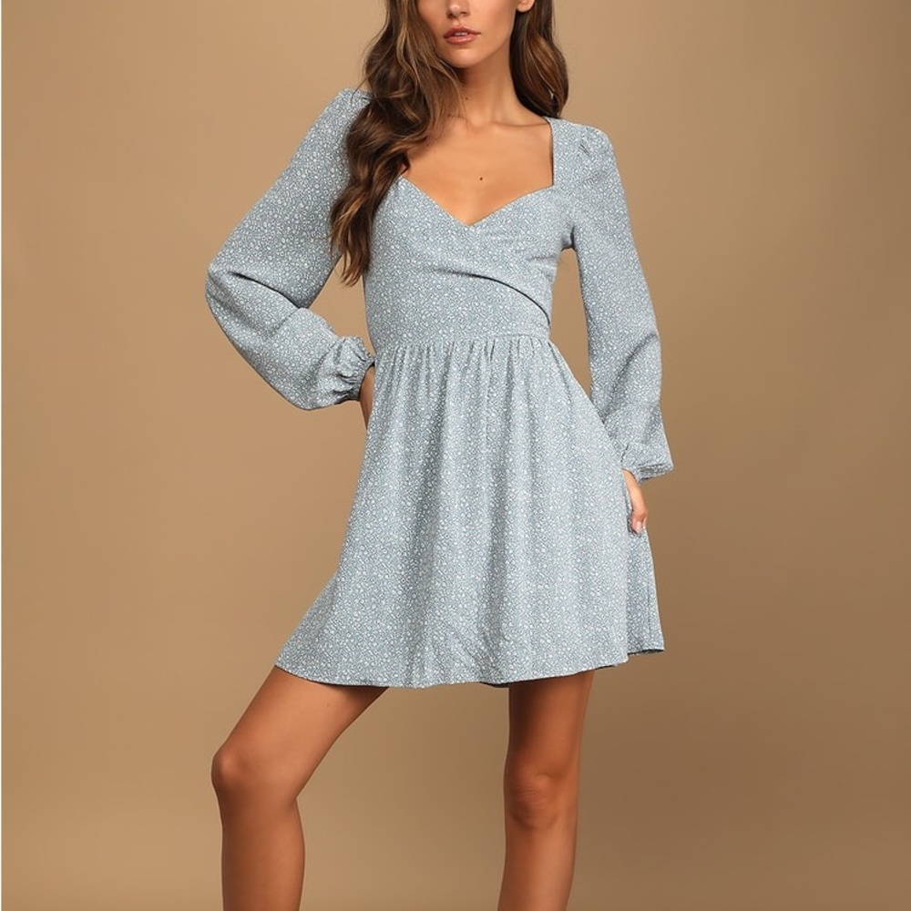 Lulu’s Light Blue Floral Print Tie-Back Mini Dress